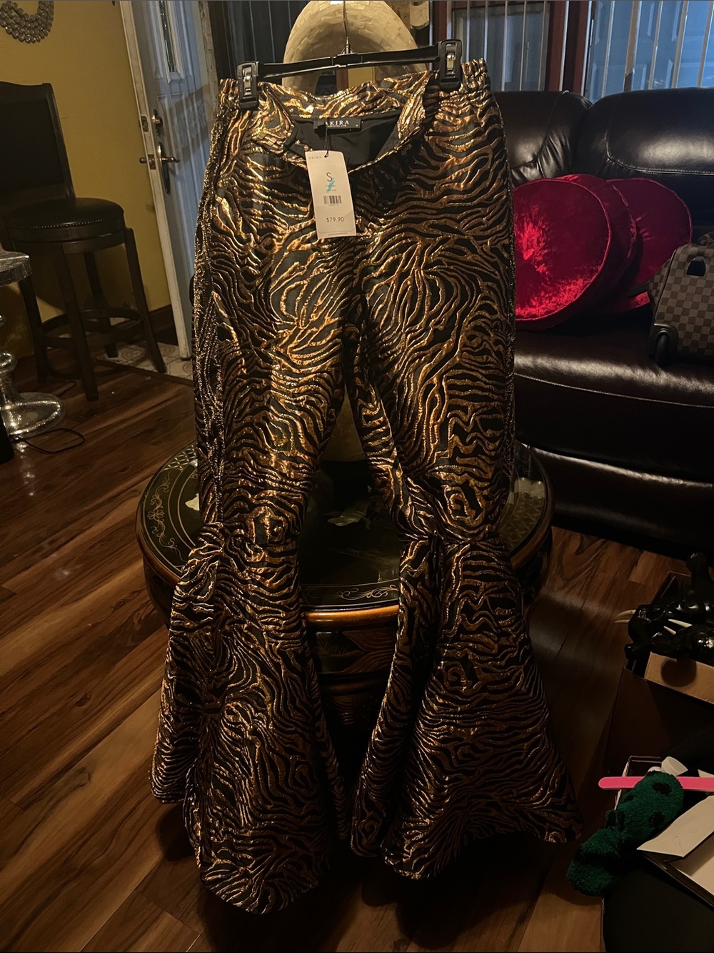 AKIRA Black and Gold Zebra-Print High-Low Flared Skirt